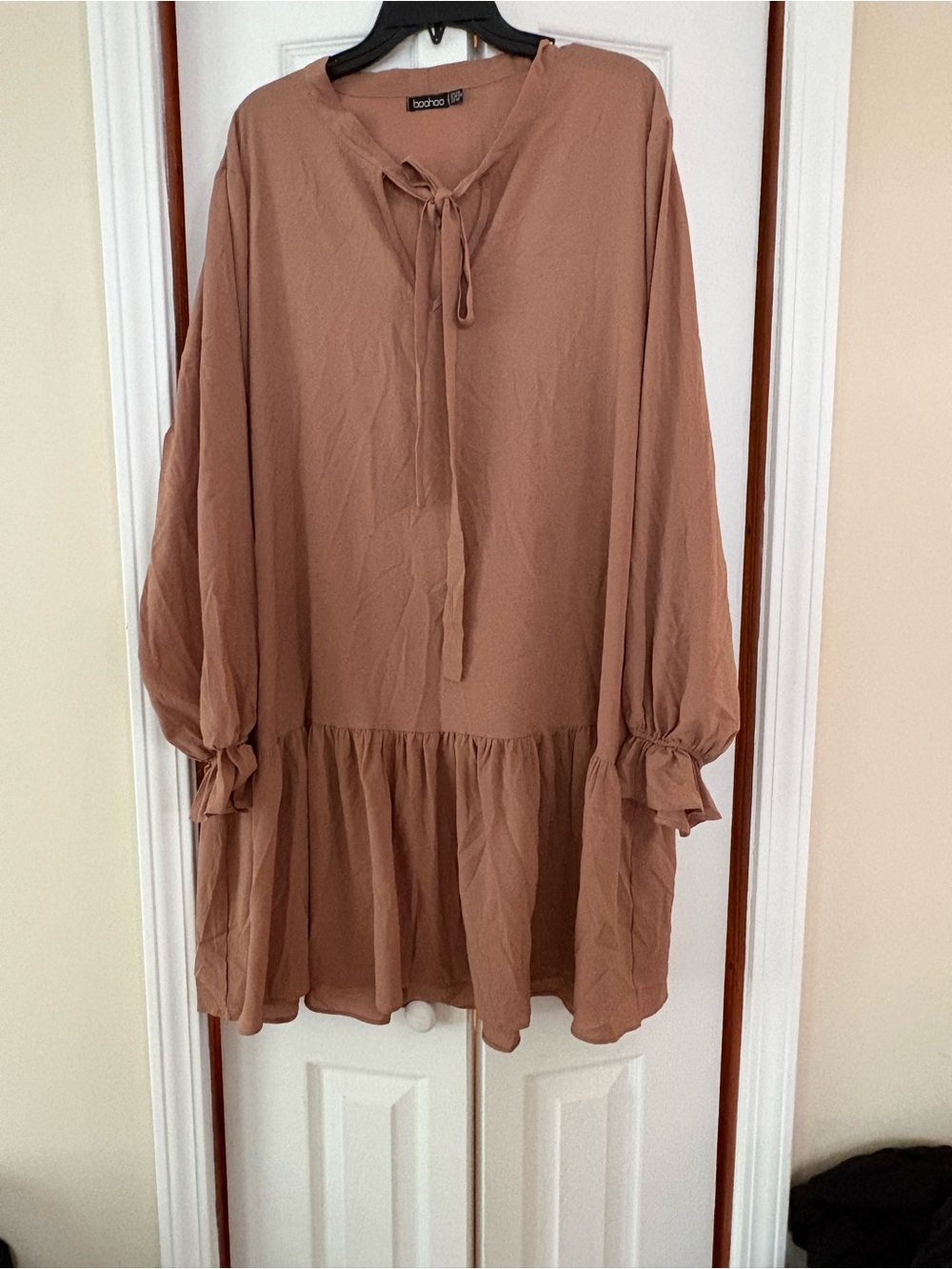 Boohoo Dusty Rose Tie-Neck Babydoll Dress